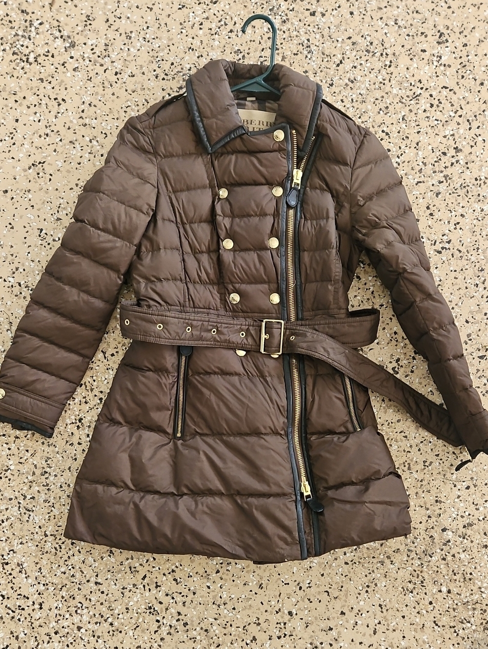 Brown Quilted Belted Puffer Coat with Gold Hardware